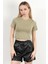 Kadın Bisiklet Yaka Kolu Bedende Basic T-Shirt Haki - 925063 1