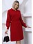 Kadın Kırmızı Polo V Yaka Pileli Etekli Triko Elbise 1