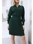 Kadın Zümrüt Yeşil Polo Yaka Pileli Triko Elbise 1