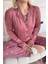 Pudra Heart Desenli Bambu Önden Düğmeli Uzun Kol Kadın Pijama Takımı 5