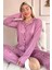 Pudra Stars Desenli Bambu Önden Düğmeli Uzun Kol Kadın Pijama Takımı 1
