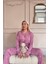 Pudra Stars Desenli Bambu Önden Düğmeli Uzun Kol Kadın Pijama Takımı 4