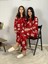 Anne Kız Kombin Önden Düğmeli Bebe Yaka %100 Pamuk Teddy Ayıcık Desenli Pijama Takımı (Kırmızı) 2