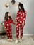 Anne Kız Kombin Önden Düğmeli Bebe Yaka %100 Pamuk Teddy Ayıcık Desenli Pijama Takımı (Kırmızı) 4