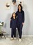 Anne Kız Kombin Önden Düğmeli Bebe Yaka %100 Pamuk Pijama Takımı (Lacivert Noktalı) 2