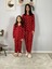 Anne Kız Kombin Önden Düğmeli Bebe Yaka %100 Pamuk Love Desenli Pijama Takımı (Kırmızı) 2