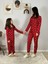 Anne Kız Kombin Önden Düğmeli Bebe Yaka %100 Pamuk Love Desenli Pijama Takımı (Kırmızı) 4