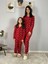 Anne Kız Kombin Önden Düğmeli Bebe Yaka %100 Pamuk Love Desenli Pijama Takımı (Kırmızı) 5