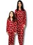 Anne Kız Kombin Önden Düğmeli Bebe Yaka %100 Pamuk Girl Desenli Pijama Takımı (Kırmızı) 1