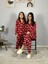 Anne Kız Kombin Önden Düğmeli Bebe Yaka %100 Pamuk Girl Desenli Pijama Takımı (Kırmızı) 3