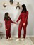 Anne Kız Kombin Önden Düğmeli Bebe Yaka %100 Pamuk Ekose Desenli Pijama Takımı (Kırmızı) 4