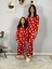 Anne Kız Kombin Önden Düğmeli Bebe Yaka %100 Pamuk Kitty Kedicik Desenli Pijama Takımı (Kırmızı) 3