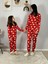 Anne Kız Kombin Önden Düğmeli Bebe Yaka %100 Pamuk Kitty Kedicik Desenli Pijama Takımı (Kırmızı) 4