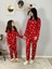 Anne Kız Kombin Önden Düğmeli Bebe Yaka %100 Pamuk Kalp Desenli Pijama Takımı (Kırmızı) 5