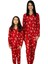 Anne Kız Kombin Önden Düğmeli Bebe Yaka %100 Pamuk Kalp Desenli Pijama Takımı (Kırmızı) 1