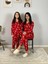 Anne Kız Kombin Önden Düğmeli Bebe Yaka %100 Pamuk Kalp Desenli Pijama Takımı (Kırmızı) 2