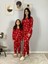 Anne Kız Kombin Önden Düğmeli Bebe Yaka %100 Pamuk Kalp Desenli Pijama Takımı (Kırmızı) 4