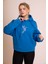 Muse Kadın Sax Mavi Oversize Kapüşonlu Sweatshirt - Nakış Detaylı, Rahat Kesim, Günlük ve Spor Kombinlere Uygun 2