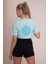 Delicate Kadın Mavi Oversize Kısa Kollu Crop Tişört – %100 Pamuk Sırtı Baskılı Disco Top Tasarımı, Günlük Rahat Stil, Sokak Modası 1