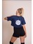 Delicate Kadın Lacivert Oversize Kısa Kollu Crop Tişört – %100 Pamuk Sırtı Baskılı Disco Top Tasarımı, Günlük Rahat Stil, Sokak Modası 5