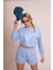 Delicate Kadın Mavi Oversize Crop Sweatshirt - "vibes" Tenis Raketi Baskılı, Spor & Günlük Şık Stil 1
