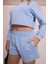 Delicate Kadın Mavi Oversize Crop Sweatshirt - "vibes" Tenis Raketi Baskılı, Spor & Günlük Şık Stil 3