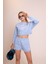 Delicate Kadın Mavi Oversize Crop Sweatshirt - "vibes" Tenis Raketi Baskılı, Spor & Günlük Şık Stil 5