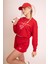 Delicate Kadın Kırmızı Oversize Crop Sweatshirt - "vibes" Tenis Raketi Baskılı, Spor & Günlük Şık Stil 3