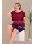 Bordo - Lacivert Renk ve Gül Desenli 10428 Şortlu Büyük Beden Anne Pijama Takımı 1