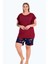 Bordo - Lacivert Renk ve Gül Desenli 10428 Şortlu Büyük Beden Anne Pijama Takımı 2