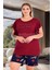 Bordo - Lacivert Renk ve Gül Desenli 10428 Şortlu Büyük Beden Anne Pijama Takımı 3