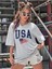 Kadın / Kız Usa Amerika Baskılı Füme Oversize T-Shirt Salaş Boyfirend 1