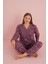Kadın Büyük Beden Desenli Yakası Düğmeli Uzun Kollu Bambu Pijama Takımı 1