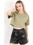 Kadın Bisiklet Yaka %100 Pamuk Basic Crop T-Shirt Haki - 925007 1
