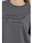 Kadın Bisiklet Yaka Yazı Baskılı Pamuklu T-Shirt Antrasit - 925020 5
