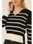 Kadın Siyah Ekru Çizgili Ringel V Yaka Ince Triko Kazak 1