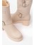 Bej Toka Aksesuarlı Fermuarlı Kalın Topuklu Günlük Kadın Bot 3