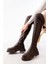 Kahverengi Fermuarlı Diz Üstü Bağcıklı Çorap Günlük Kadın Çizme 3