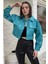 Kadın Çift Cepli Çıtçıtlı Crop Top Suni Deri Ceket 3