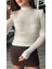 Ekru Yarı Transparan Dik Yaka Soft Touch Bluz 2