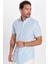 Slim Fit Kısa Kollu Düğmeli Yaka Düz Yazlık Keten Efekt Mavi Erkek Gömlek 1