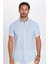 Slim Fit Kısa Kollu Düğmeli Yaka Düz Yazlık Keten Efekt Mavi Erkek Gömlek 3