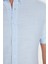 Slim Fit Kısa Kollu Düğmeli Yaka Düz Yazlık Keten Efekt Mavi Erkek Gömlek 4