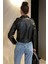 Kadın Kemer Detaylı Fermuarlı Crop Top Suni Deri Ceket 4
