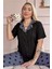 Siyah Soft Charm Desenli Bambu Önden Düğmeli Kısa Kol Pijama Takımı 1