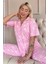 Açık Pembe Soft Daisy Desenli Bambu Önden Düğmeli Kısa Kol Pijama Takımı 1