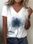 Kadın V Yaka Baskılı Beyaz Oversize T-Shirt Salaş 1