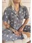 Gri Soft Daisy Desenli Bambu Önden Düğmeli Kısa Kol Pijama Takımı 5
