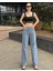 Kadın Mavi Yüksek Bel Geniş Paça Bol,salaş Palazzo Jeans 3