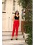 Yüksek Bel Pensli Bilek Boy Toparlayıcı %70 Pamuk % 30 Polyester Likralı Kırmızı Pantolon 1